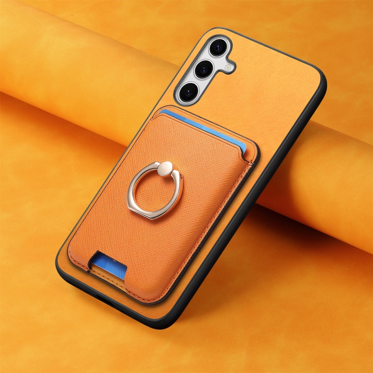 For Samsung Galaxy S25 5G Retro Cross Leather Ring Vertical Insert Card Bag MagSafe Phone Case(Yellow)
