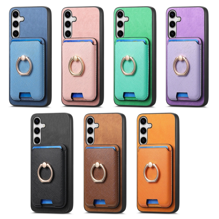 For Samsung Galaxy S25 5G Retro Cross Leather Ring Vertical Insert Card Bag MagSafe Phone Case(Yellow)