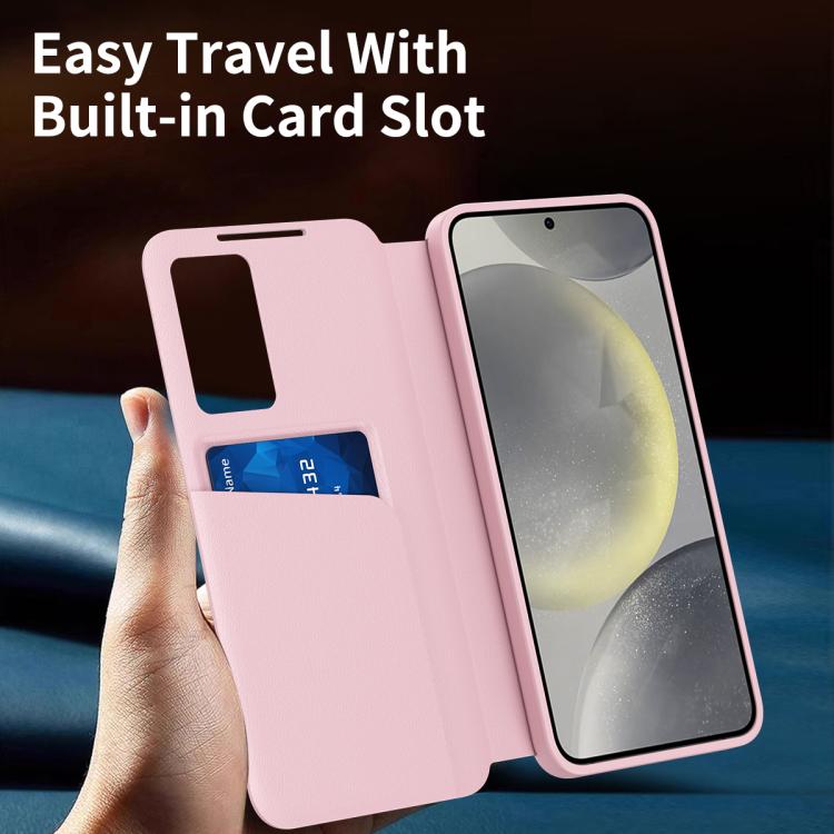 For Samsung Galaxy S22 Ultra 5G Smart View Window Leather Phone Case with Card Slot(Pink)