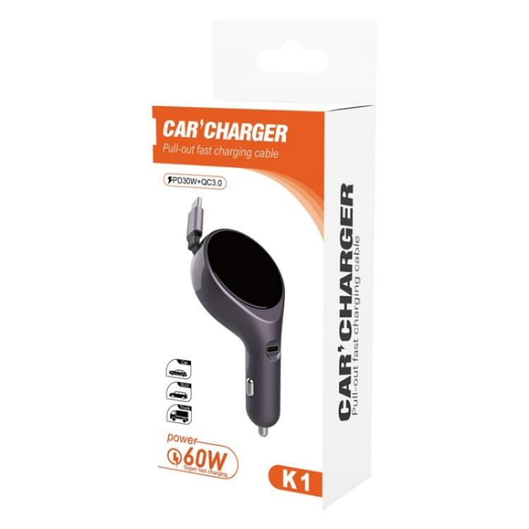 K1 With Retractable Cable Car Charger Type-C PD 20W Fast Charging Adapter K1 With Retractable Cable Car Charger Type-C PD 20W Fast Charging Adapter