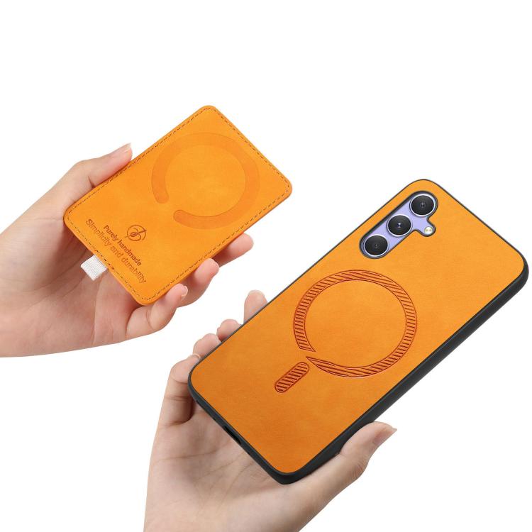 For Samsung Galaxy S23+ 5G Retro Cross Leather Ring Side Insert Card Bag MagSafe Phone Case(Yellow) For Samsung Galaxy S23+ 5G Retro Cross Leather Ring Side Insert Card Bag MagSafe Phone Case(Yellow)