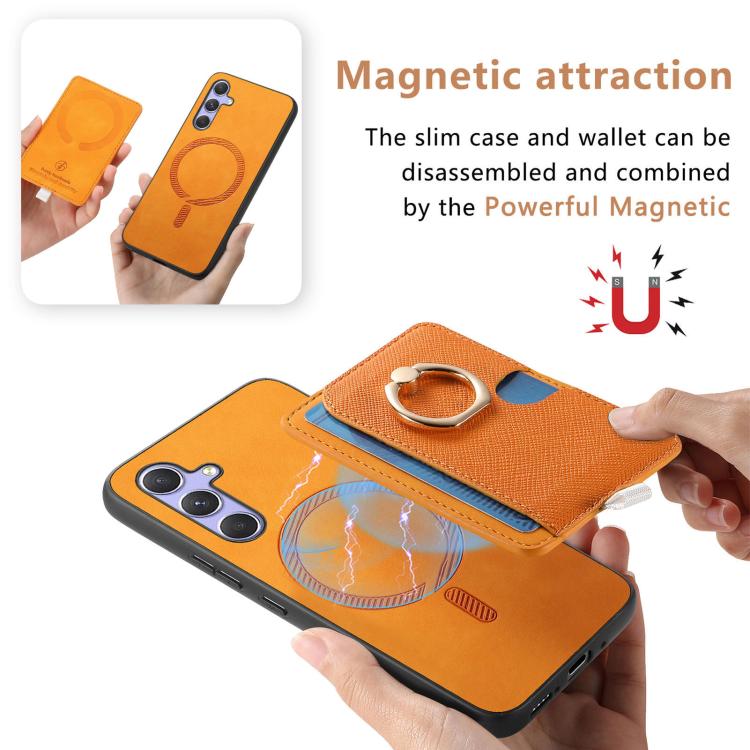 For Samsung Galaxy S23+ 5G Retro Cross Leather Ring Side Insert Card Bag MagSafe Phone Case(Yellow) For Samsung Galaxy S23+ 5G Retro Cross Leather Ring Side Insert Card Bag MagSafe Phone Case(Yellow)