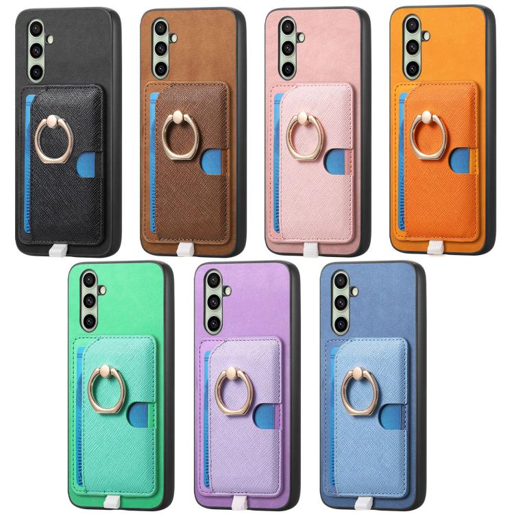 For Samsung Galaxy S25 5G Retro Cross Leather Ring Side Insert Card Bag MagSafe Phone Case(Yellow)