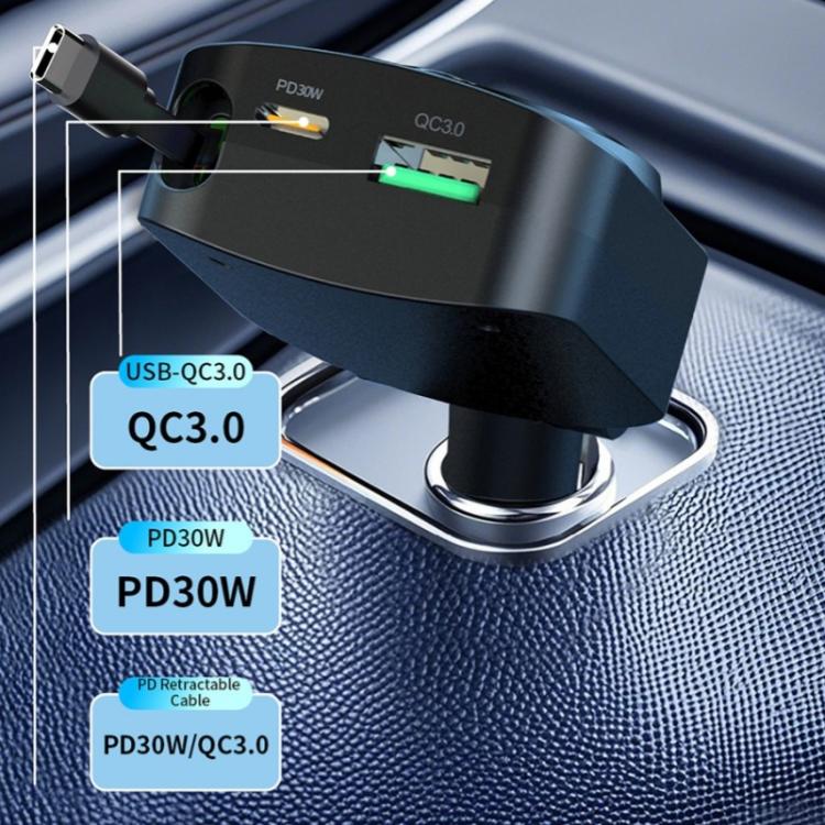 K38 Retractable Cable USB + Type-C Car Charger PD 30W Fast Charging Cigarette Lighter Adapter K38 Retractable Cable USB + Type-C Car Charger PD 30W Fast Charging Cigarette Lighter Adapter