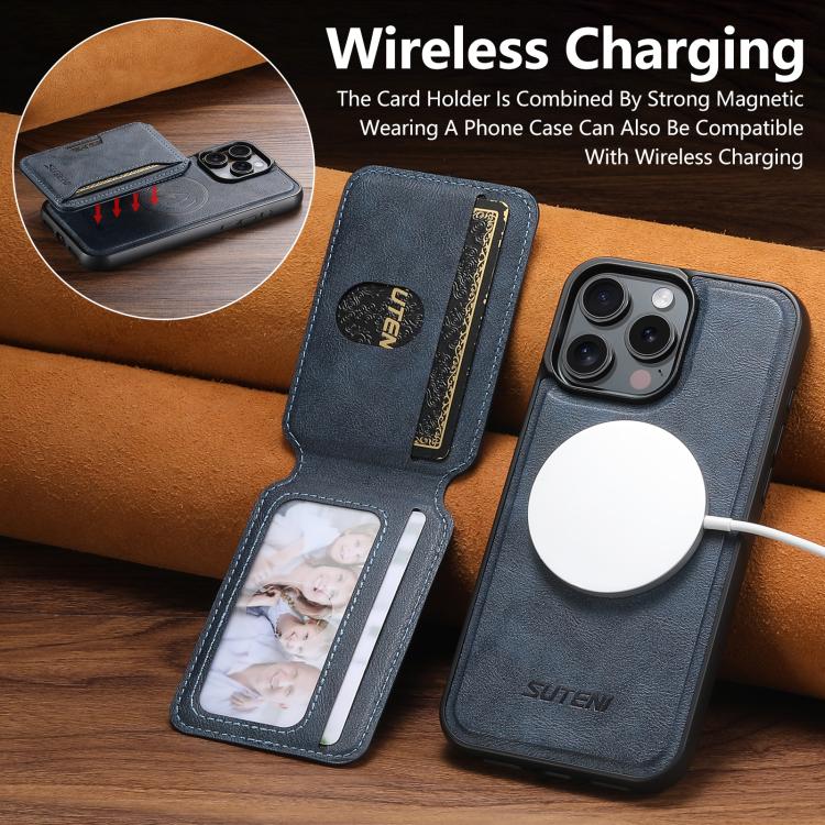 For iPhone 16 Pro Max Suteni M3 Card Bag MagSafe Cowhide Texture Leather Phone Case(Blue)