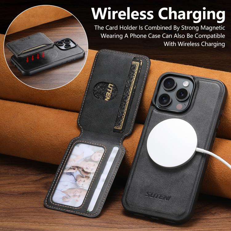 For iPhone 16 Suteni M3 Card Bag MagSafe Cowhide Texture Leather Phone Case(Black)