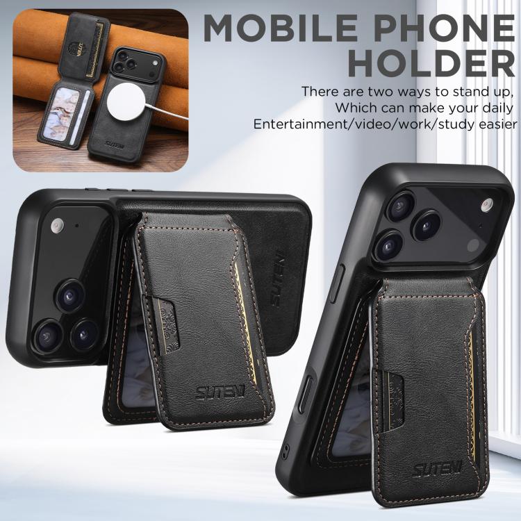 For iPhone 18 Pro Max Suteni M3 Card Bag MagSafe Cowhide Texture Leather Phone Case(Black)