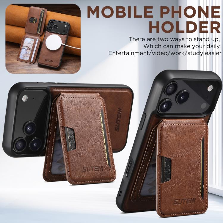 For iPhone 18 Pro Suteni M3 Card Bag MagSafe Cowhide Texture Leather Phone Case(Brown)