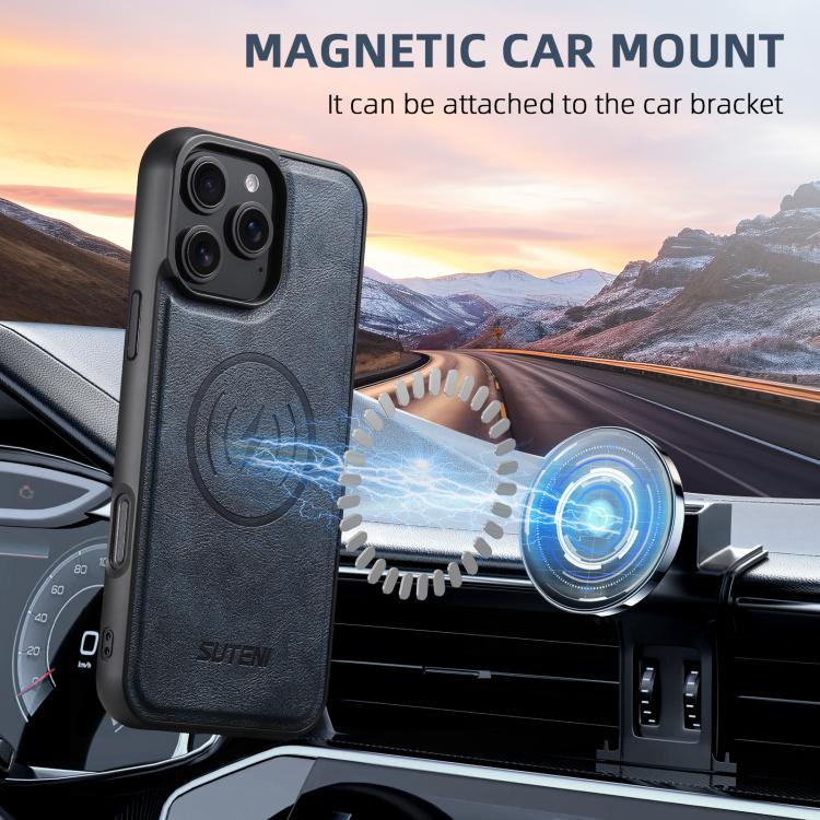 For iPhone 16 Pro Max Suteni G5 Cowhide Leather MagSafe Magnetic Phone Case(Blue)