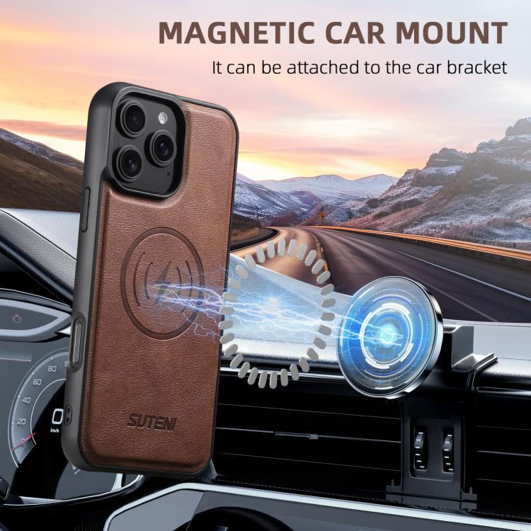 For iPhone 12 Pro Suteni G5 Cowhide Leather MagSafe Magnetic Phone Case(Brown)