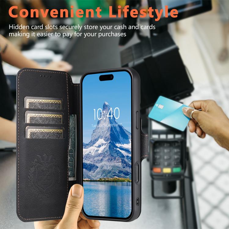 For iPhone 16 Plus Suteni Q05 2-in-1 Multi-function MagSafe Wallet Litchi Leather Phone Case(Black)