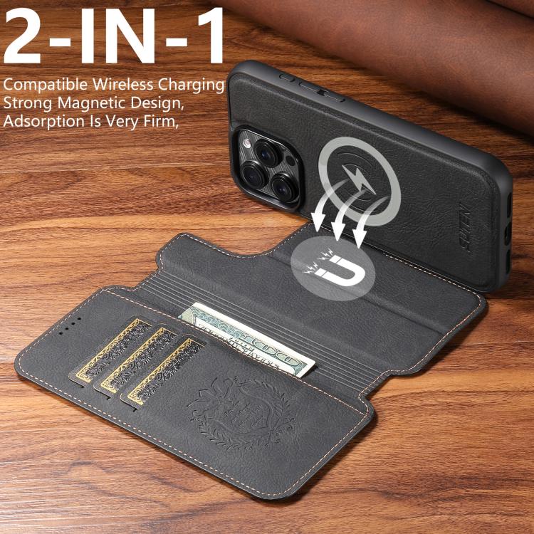 For iPhone 15 Suteni Q05 2-in-1 Multi-function MagSafe Wallet Litchi Leather Phone Case(Black)