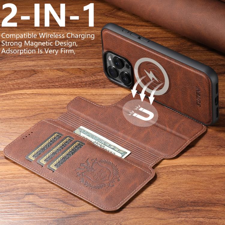 For iPhone 13 Pro Suteni Q05 2-in-1 Multi-function MagSafe Wallet Litchi Leather Phone Case(Brown)