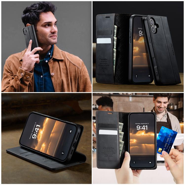 For iPhone 16 Plus CaseMe 033 Calf Leather Lining Microfibre RFID Blocking Phone Case(Black)