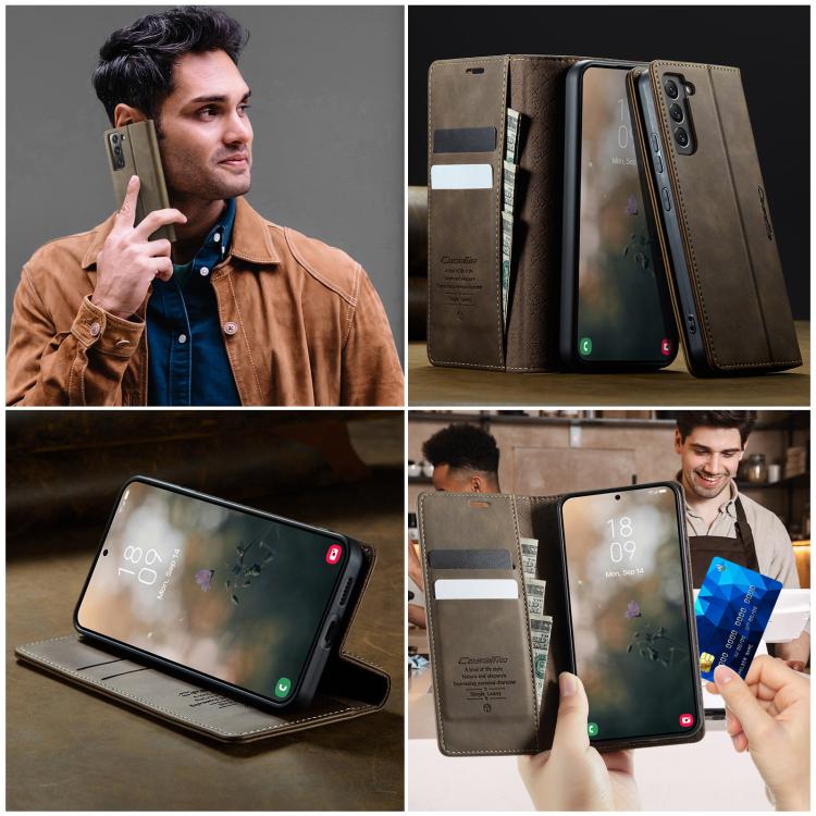 For Samsung Galaxy S22+ 5G CaseMe 033 Calf Leather Lining Microfibre RFID Blocking Phone Case(Coffee)