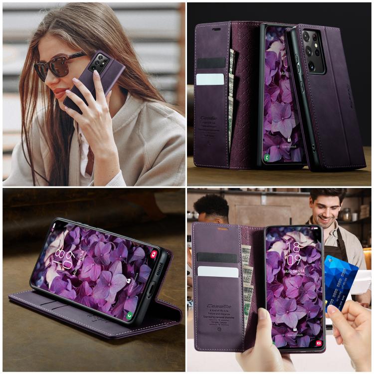 For Samsung Galaxy S21 Ultra 5G CaseMe 033 Calf Leather Lining Microfibre RFID Blocking Phone Case(Purple)