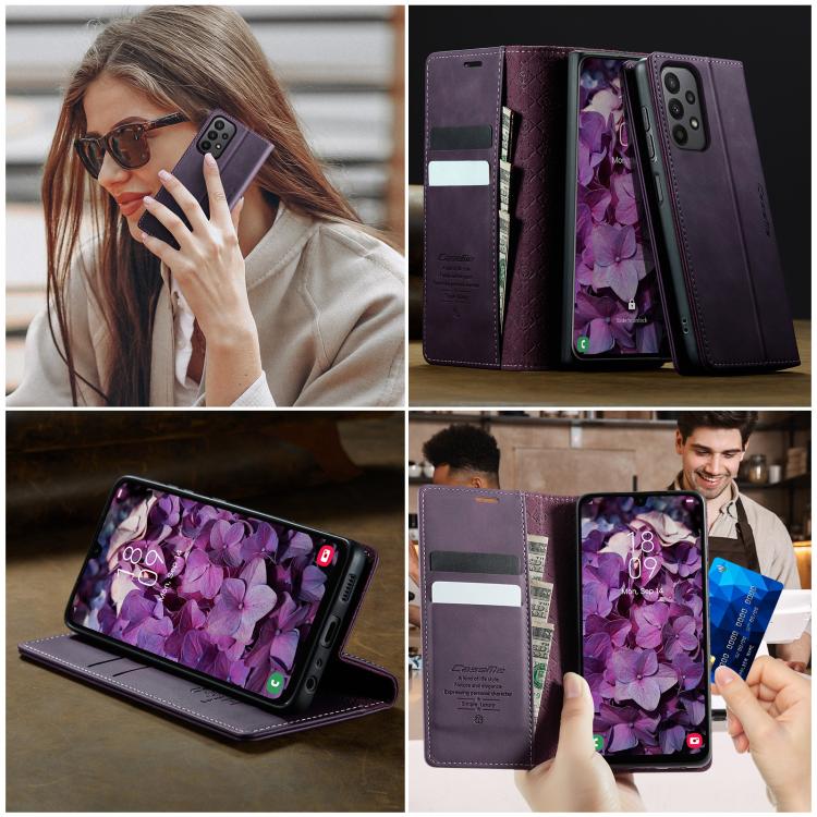 For Samsung Galaxy A23 / M23 CaseMe 033 Calf Leather Lining Microfibre RFID Blocking Phone Case(Purple)