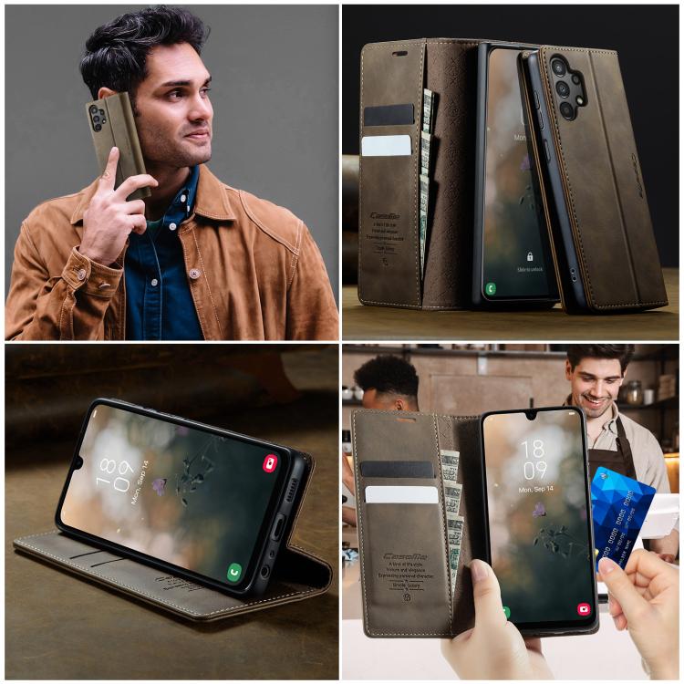 For Samsung Galaxy A13 / A04s CaseMe 033 Calf Leather Lining Microfibre RFID Blocking Phone Case(Coffee)
