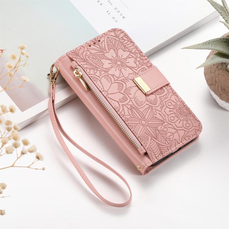 For Samsung Galaxy S25+ 5G Flowers Leaves Zipper Wallet Leather Phone Case with Strap(Pink)