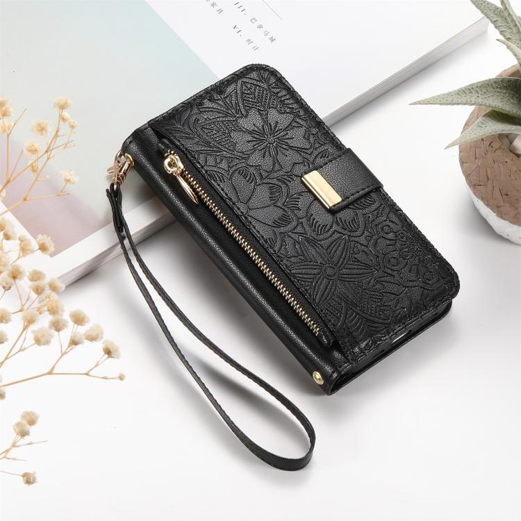 For Samsung Galaxy S25 Ultra 5G Flowers Leaves Zipper Wallet Leather Phone Case with Strap(Black)