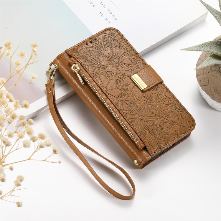 For Samsung Galaxy S23 Ultra 5G Flowers Leaves Zipper Wallet Leather Phone Case with Strap(Brown)
