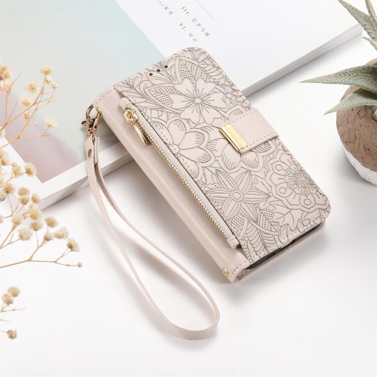 For Samsung Galaxy S23 FE 5G Flowers Leaves Zipper Wallet Leather Phone Case with Strap(Khaki)