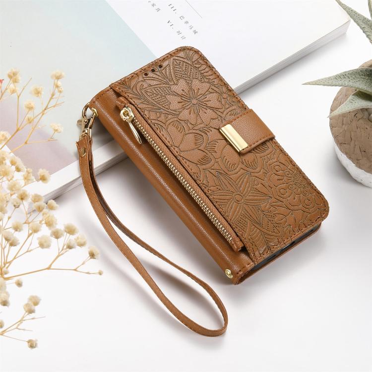 For Samsung Galaxy A51 5G Flowers Leaves Zipper Wallet Leather Phone Case with Strap(Brown)