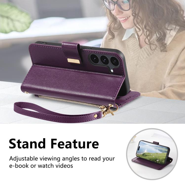 For Galaxy S26 5G Flowers Leaves Zipper Wallet Leather Phone Case with Strap(Purple)
