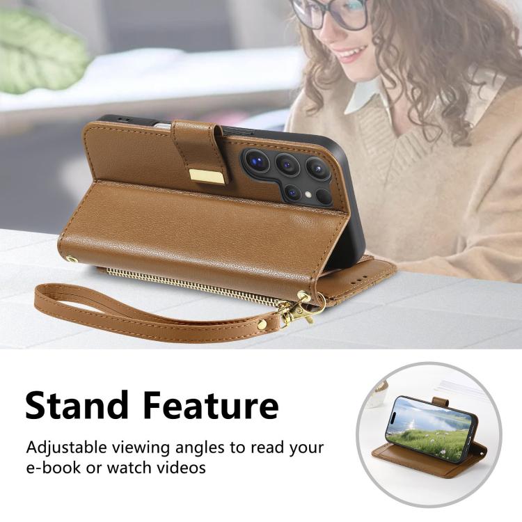 For Galaxy S26 Ultra 5G Flowers Leaves Zipper Wallet Leather Phone Case with Strap(Brown)
