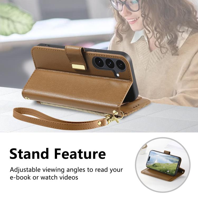 For Galaxy S26 FE 5G Flowers Leaves Zipper Wallet Leather Phone Case with Strap(Brown)