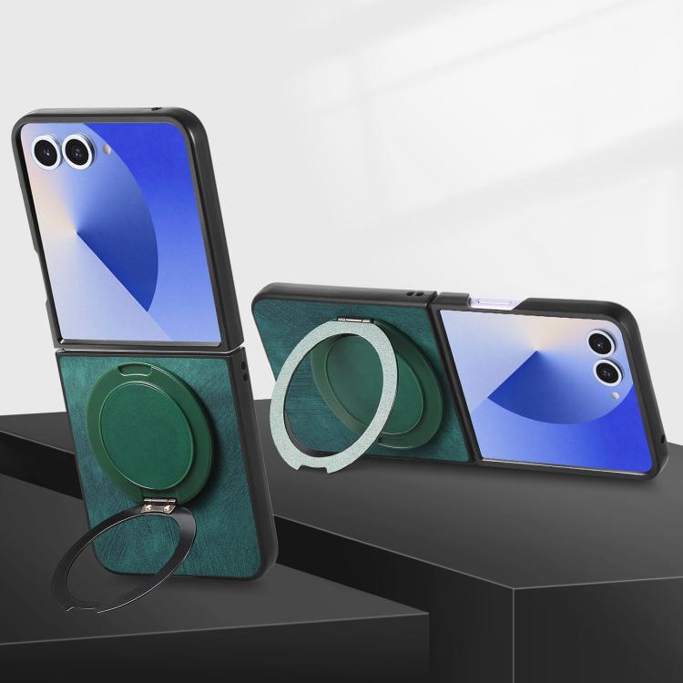 For Galaxy Z Flip7 5G Retro Leather Rotation Round Holder Phone Case(Green)