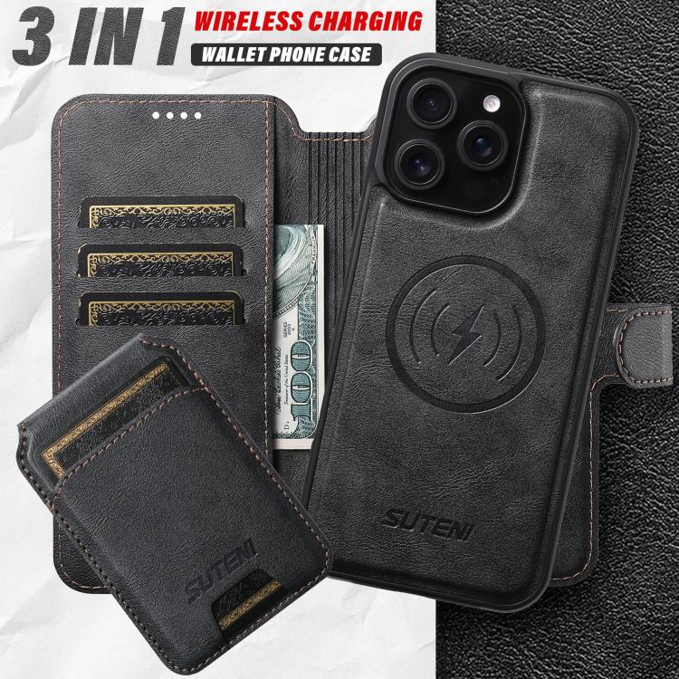 For iPhone 17 Pro Max Suteni Q05S2 3-in-1 Detachable Vertical Flip Wallet MagSafe Leather Phone Case(Black)