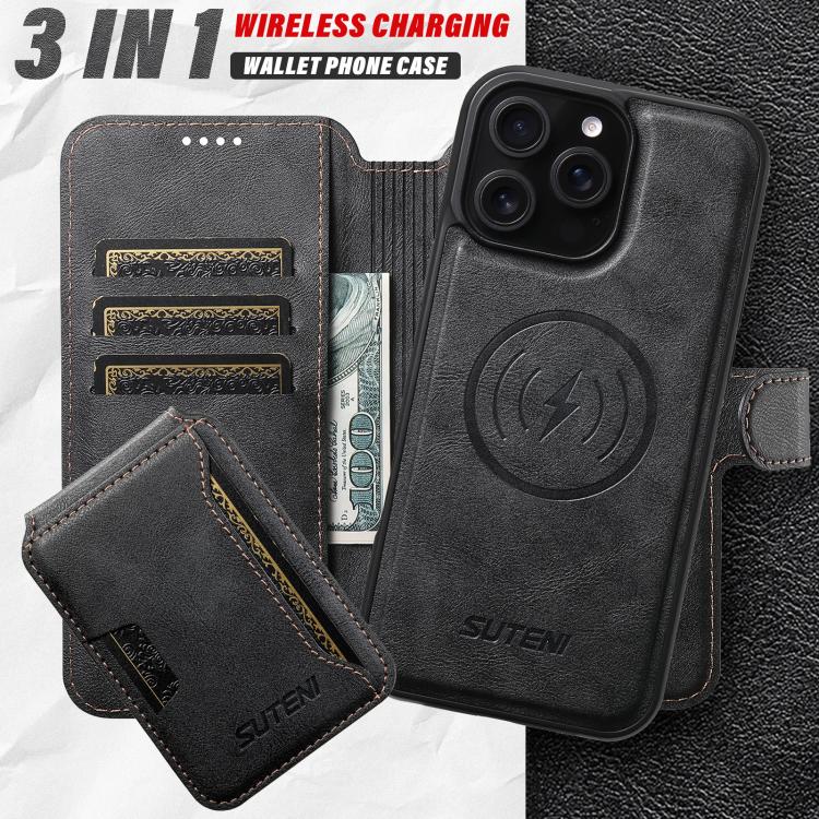 For iPhone 17 Pro Max Suteni Q05S3 3-in-1 Detachable Vertical Flip Wallet MagSafe Leather Phone Case(Black)