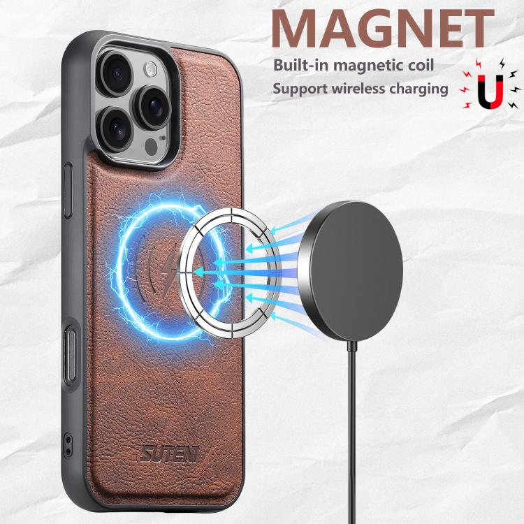 For iPhone 14 Plus Suteni G5 Litchi Leather Magnetic MagSafe Phone Case(Brown)
