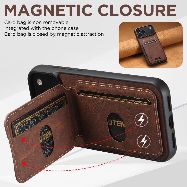 For iPhone 18 Pro Suteni H02 Litchi Leather Card Wallet Stand Back Phone Case(Brown)