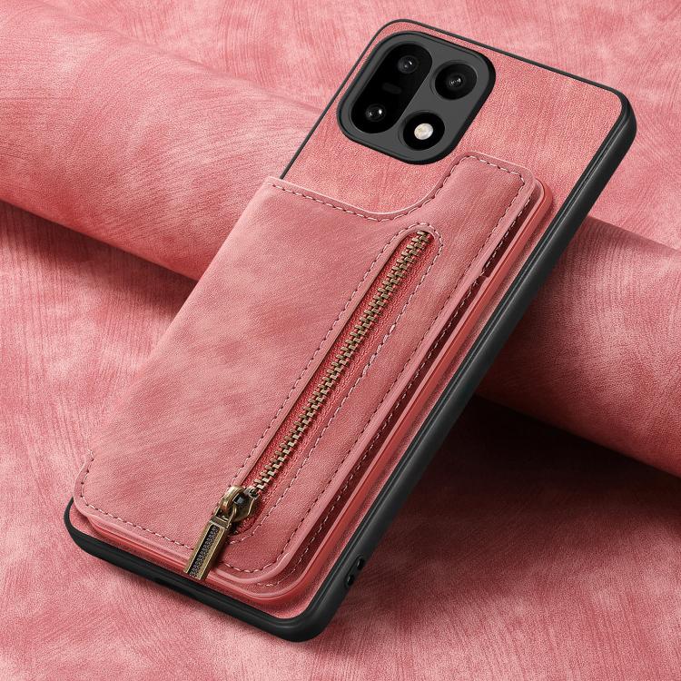 For OnePlus 15 Retro Leather Zipper Wallet Back Phone Case(Pink)