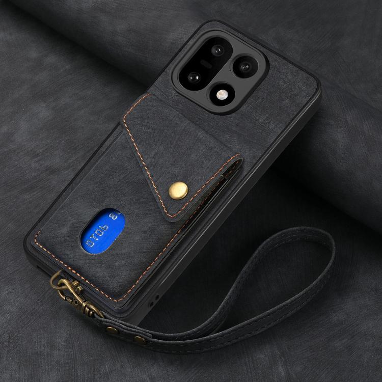 For OnePlus 15 Retro Card Wallet Fold Leather Phone Case with Strap(Black)