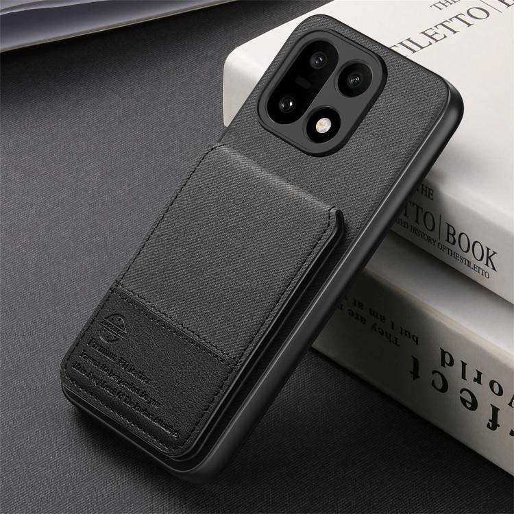 For OnePlus 15 Twill Fabric Leather Vertical Flip RFID Card Bag Phone Case(Black)