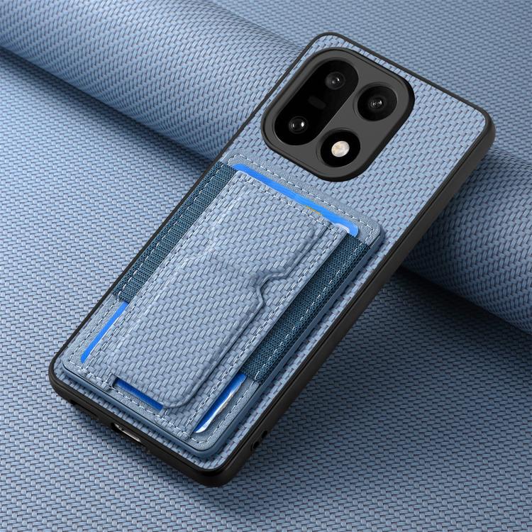 For OnePlus 15 Carbon Fiber Fold Stand Elastic Card Bag Phone Case(Blue)