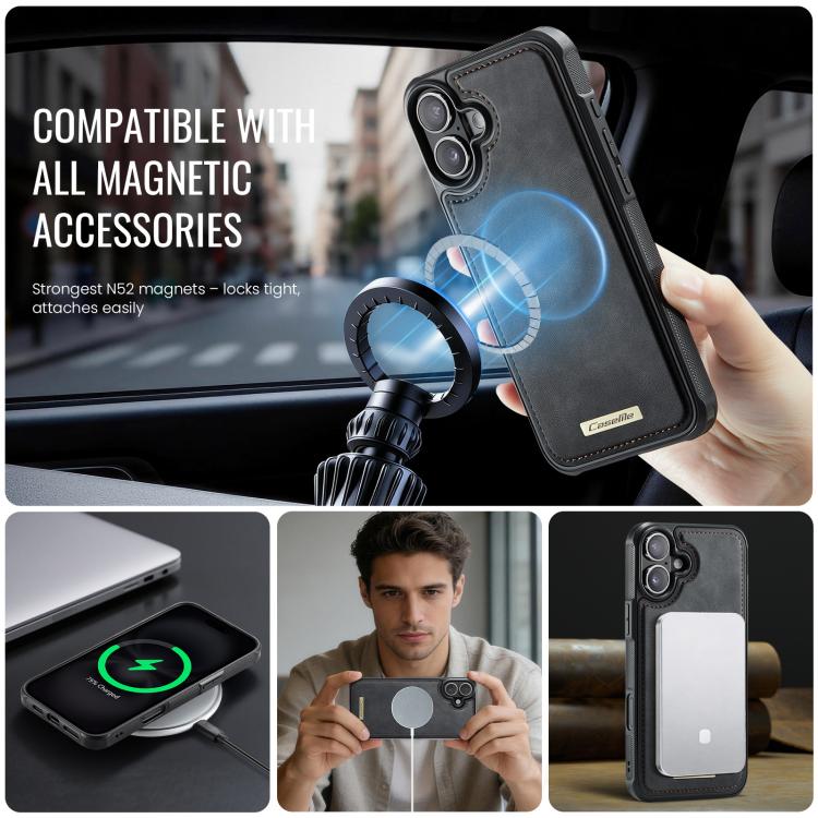For iPhone 16 CaseMe C69 Series Magnetic Vegan Leather Back Phone Case(Black)