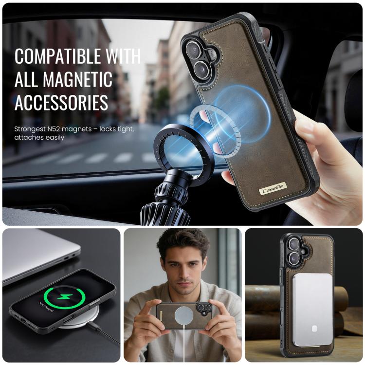 For iPhone 16 Plus CaseMe C69 Series Magnetic Vegan Leather Back Phone Case(Coffee)
