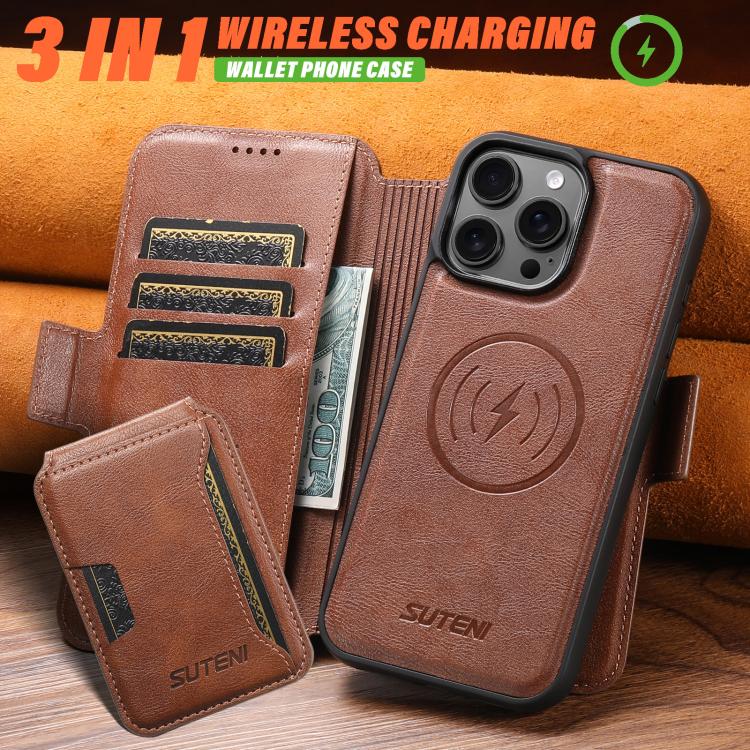 For iPhone 17 Suteni Q07S3 Left-Right Splicing Cowhide Pattern Flip Side Card Wallet Removable Magnetic Phone Case(Brown)