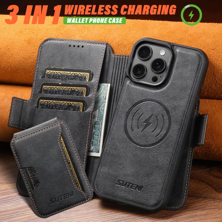 For iPhone 13 Pro Max Suteni Q07S3 Left-Right Splicing Cowhide Pattern Flip Side Card Wallet Removable Magnetic Phone Case(Black)