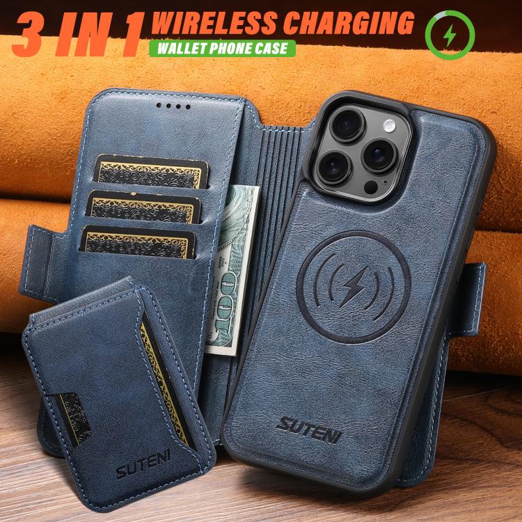 For iPhone 12 Pro Max Suteni Q07S3 Left-Right Splicing Cowhide Pattern Flip Side Card Wallet Removable Magnetic Phone Case(Blue)