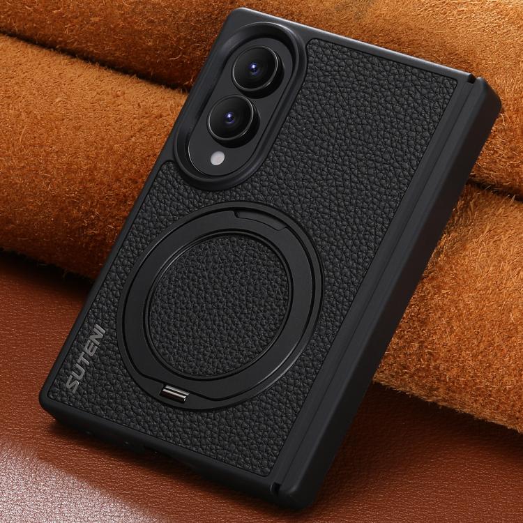For Galaxy Z Fold8 5G Suteni G9 Large Lychee Pattern Hinge Magnetic Holder Phone Case(Black)