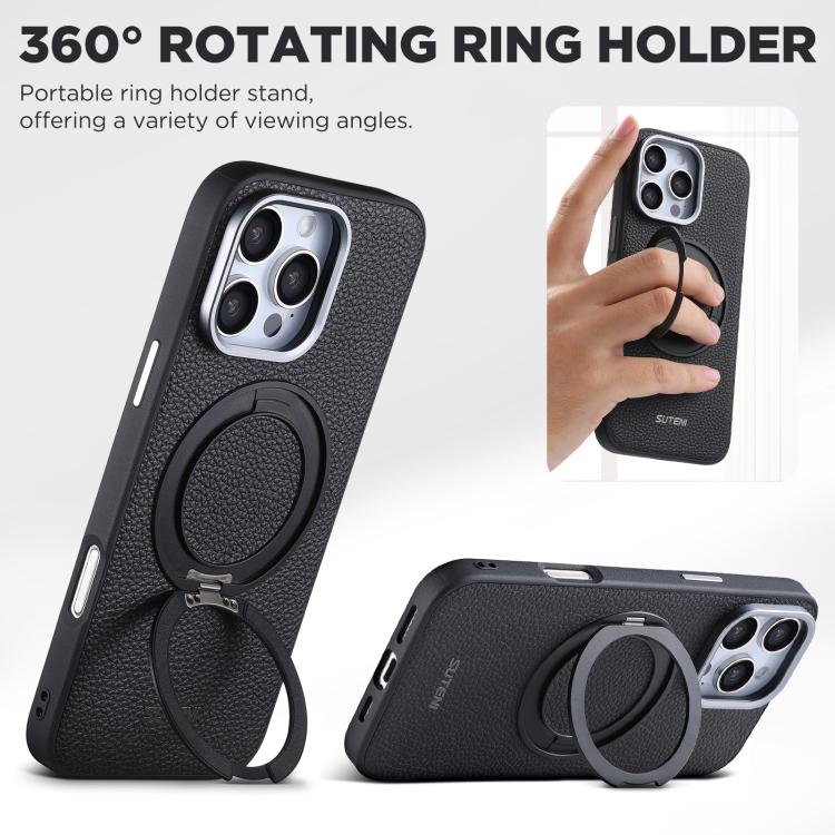 For iPhone 18 Pro Suteni G9 Large Lychee Pattern Magnetic Holder Phone Case(Black)