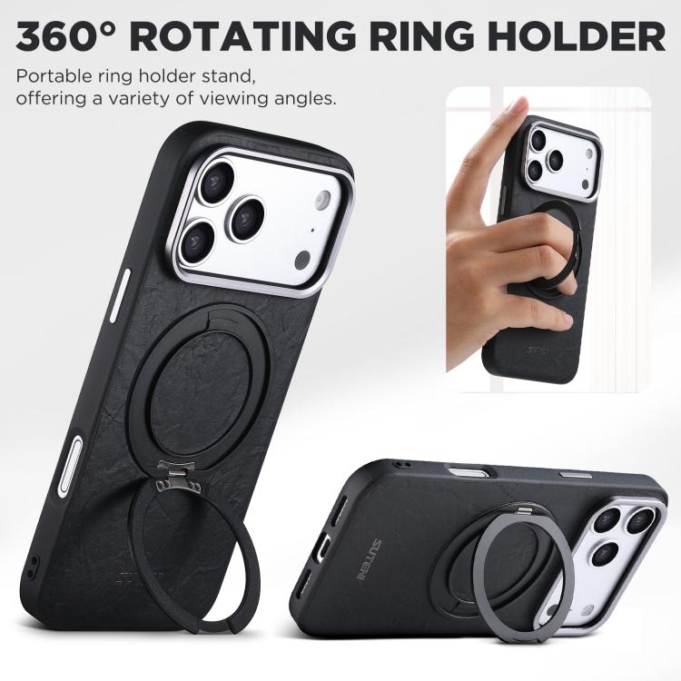 For iPhone 18 Pro Suteni G9 Rock Texture Magnetic Holder Phone Case(Black)