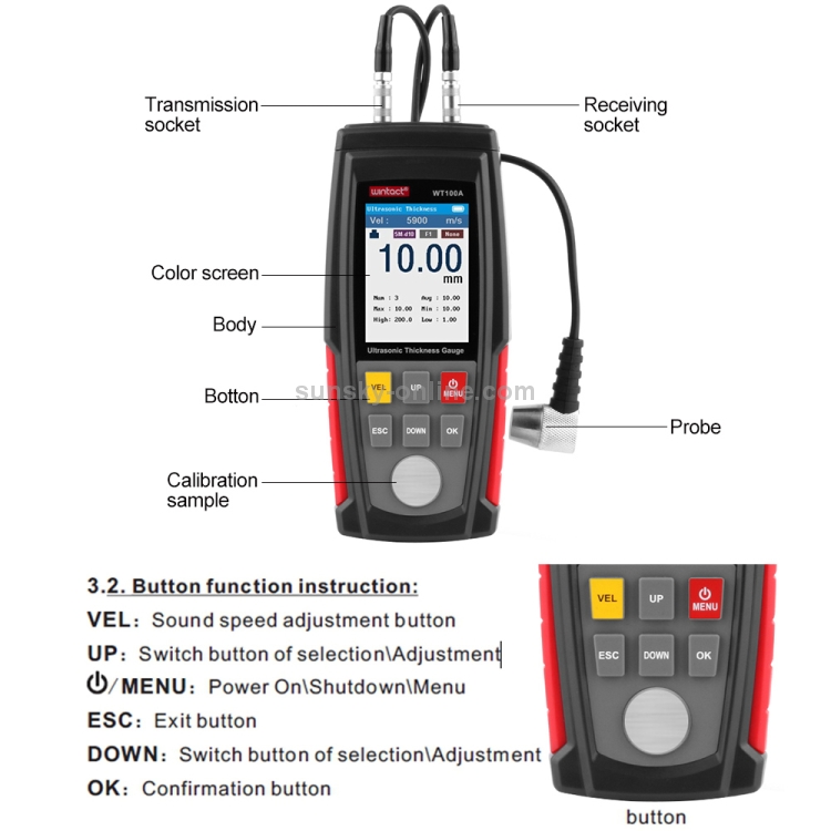 WT100A Smart Sensor Ultrasonic Thickness Gauge Sound Velocity LCD Meter Tester 