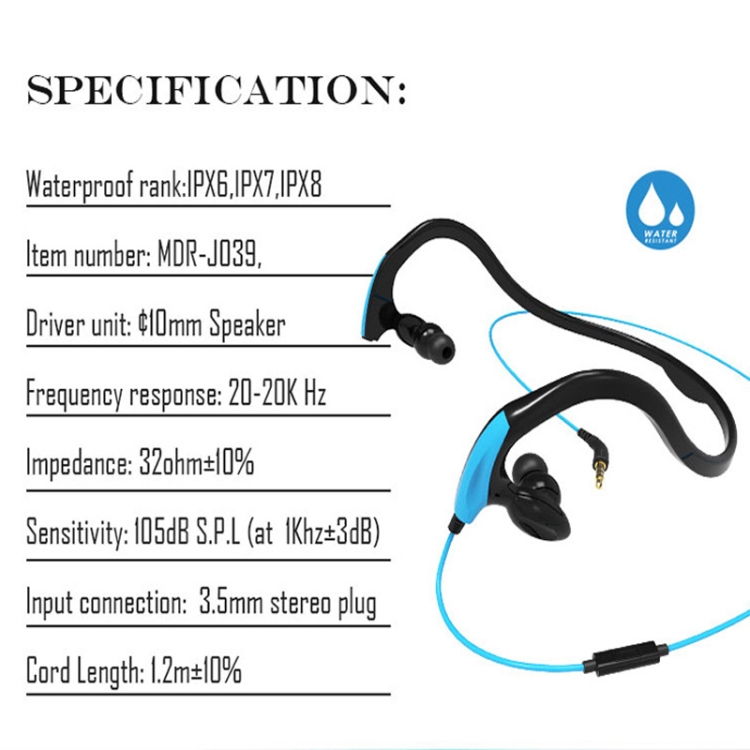 MDR-J039 Waterproof IPX7 10mm Speaker Ergonomic Wired Earhook Earphone Support Underwater Sports(Orange) MDR-J039 Waterproof IPX7 10mm Speaker Ergonomic Wired Earhook Earphone Support Underwater Sports(Orange)