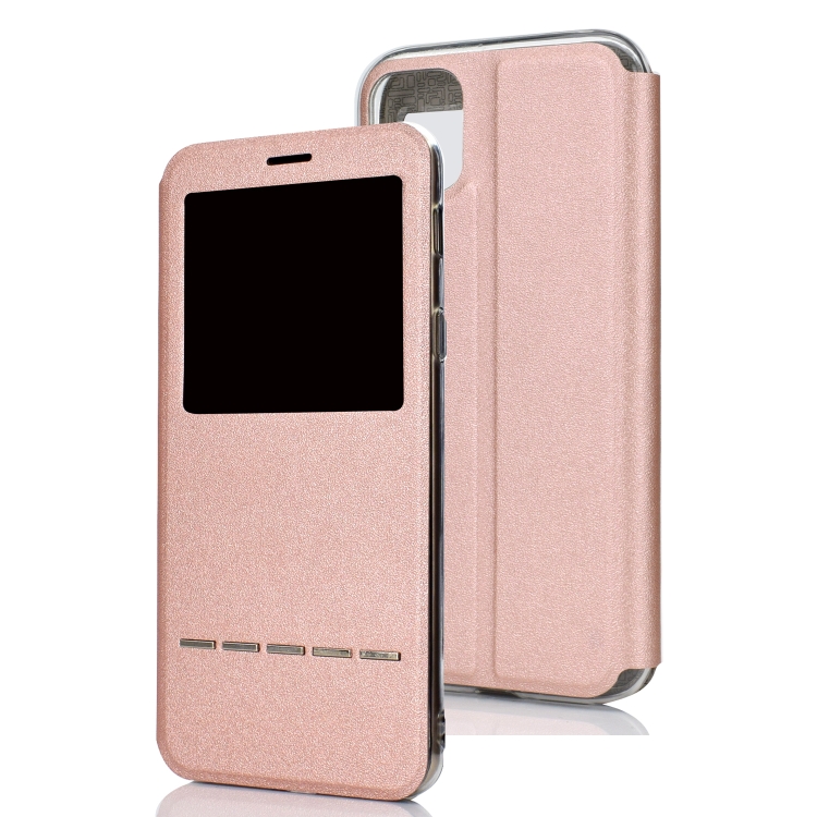 For iPhone 11 Matte Texture Horizontal Flip Bracket Mobile Phone Holster Window with Caller ID and Metal Button Slide To Unlock(Rose Gold) For iPhone 11 Matte Texture Horizontal Flip Bracket Mobile Phone Holster Window with Caller ID and Metal Button Slide To Unlock(Rose Gold)